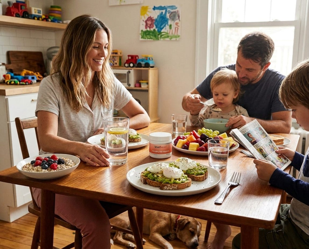 A family at the breakfast table with a bottle of Levelhead Classic Daily