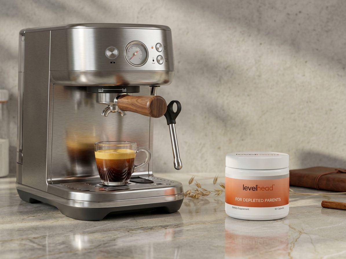 Levelhead jar on a kitchen counter next to an espresso machine